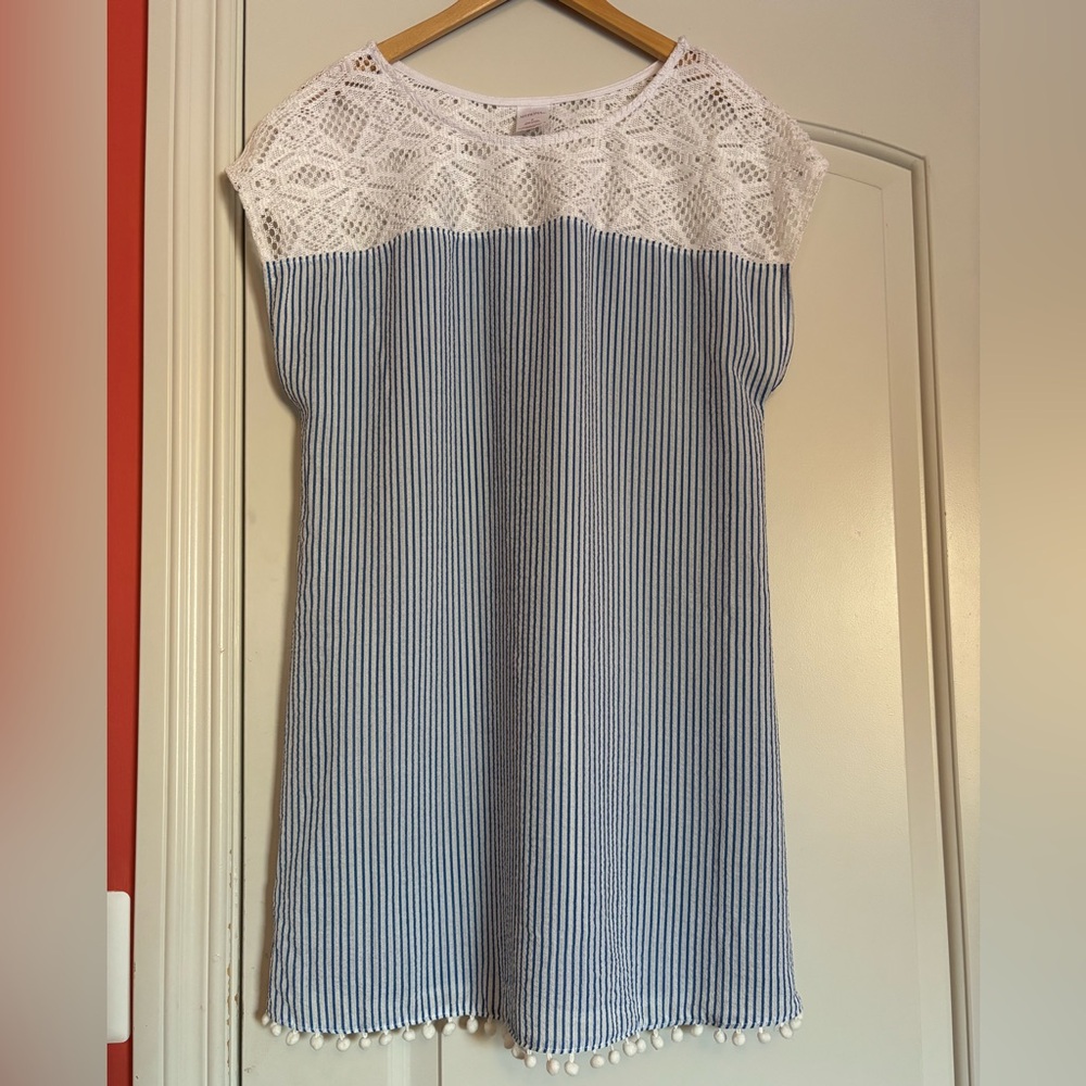 MERONA Bathing Suit Coverup. Tasseled bottom, Lace Top. Blue and White Striped